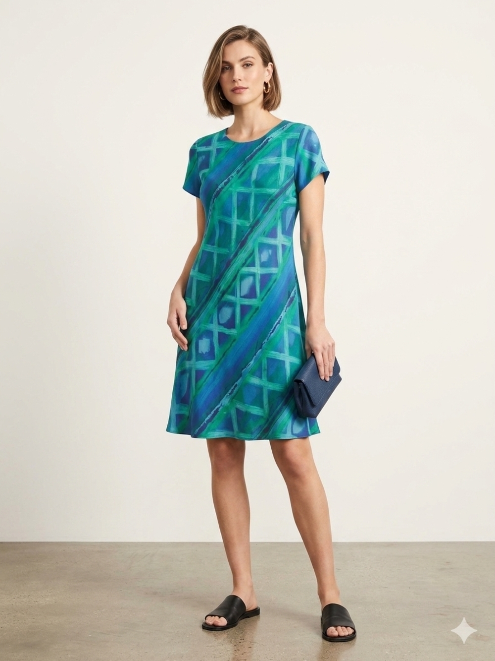 Jessica Howard Blue & Green Geometric Asymmetrical Short-Sleeve Dress